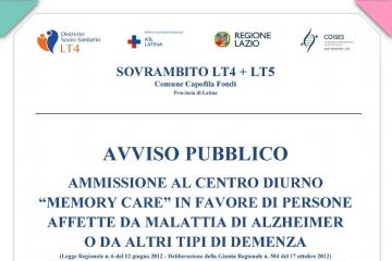 Avviso pubblico Ammissione al Centro Diurno "Memory Care" in favore di persone affette da malattia di Alzheimer o da altri tipi di demenza